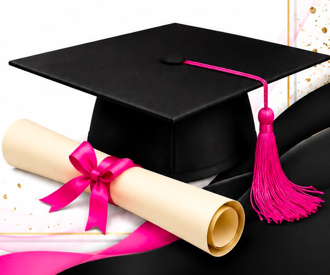 Birrete negro y diploma con listón rosa